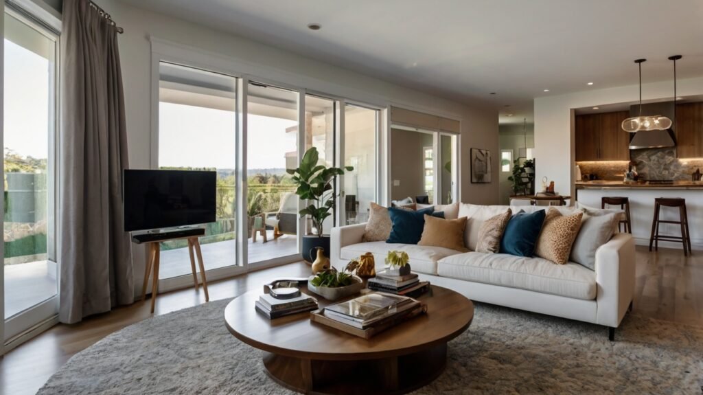 Interior of a rented living room with a mounted security camera fixed using no-drill adhesive method