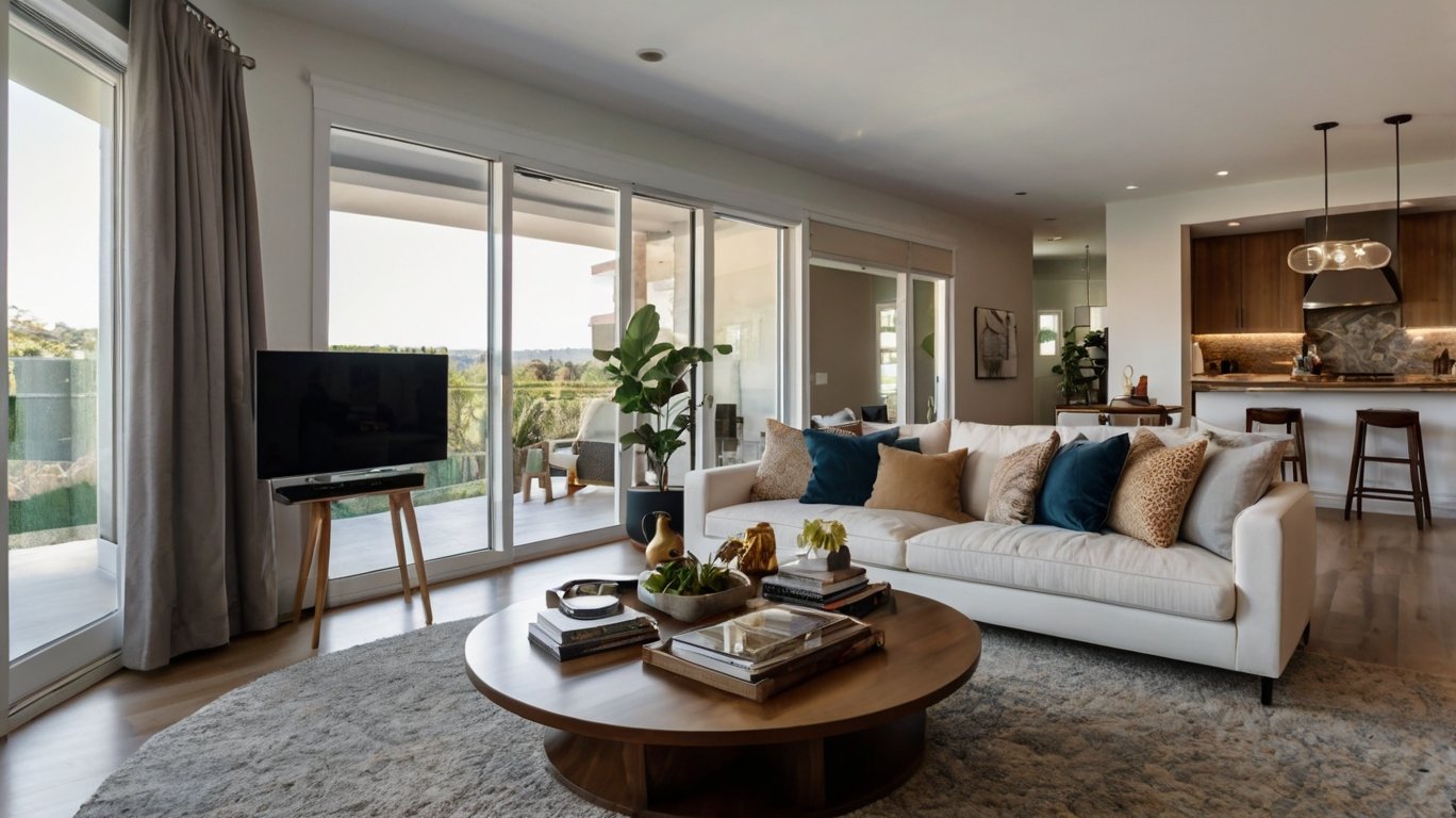 Interior of a rented living room with a mounted security camera fixed using no-drill adhesive method
